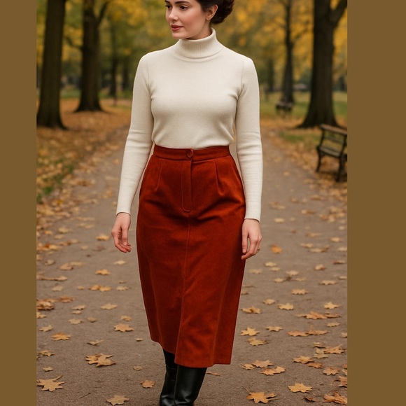80s EAGLE EYE SUEDE RUST TONE PENCIL MIDI SKIRT W FRONT PLEATS & POCKETS SZ 8 - Picture 1 of 7